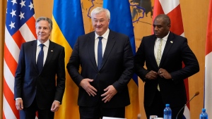 U.S. Secretary of State Antony Blinken, left, and Britain's Foreign Secretary David Lammy, right, meet with Ukraine's Foreign Minister Andriiy Sybiha in Kyiv on Sept. 11, 2024. (Mark Schiefelbein / AP Photo)