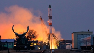 In this photo released by Roscosmos State Space Corporation, Russian Soyuz 2.1a with the Progress MS-26 cargo spaceship blasts off at the Russian leased Baikonur cosmodrome in Baikonur, Kazakhstan, on Thursday, Feb. 15, 2024. (Roscosmos State Space Corporation via AP)