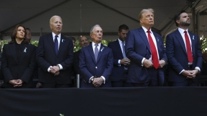 Kamala Harris, Joe Biden, Michael Bloomberg, Donald Trump and JD Vance attend a 9/11 Memorial ceremony on Sept. 11, 2024. (Yuki Iwamura/AP Photo)