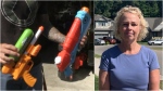 Wendy Washik was criminally charged after she said she accidentally sprayed her neighbour with a water gun, similar to the two seen in this image. (CTV News Kitchener/Jeff Pickel)