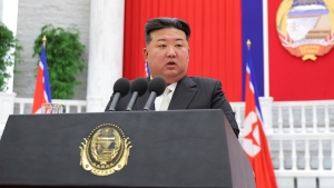 North Korean leader Kim Jong Un delivers a speech, marking the country's 76th founding anniversary in Pyongyang, North Korea Monday, Sept. 9, 2024. (Korean Central News Agency / Korea News Service via AP)