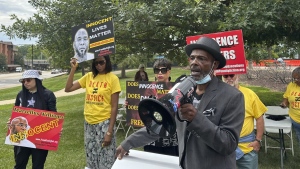 Joseph Amrine, who was exonerated two decades ago after spending years on death row, speaks at a rally to support Missouri death row inmates Marcellus Williams on Wednesday, Aug. 21, 2024, in Clayton, Mo. (AP Photo/Jim Salter)