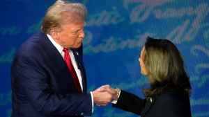 Republican presidential nominee former U.S. President Donald Trump shakes hands with Democratic presidential nominee Vice President Kamala Harris, Tuesday, Sept.10, 2024, in Philadelphia. (Alex Brandon / AP Photo)