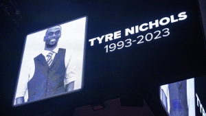 The screen at the Smoothie King Center in New Orleans honors Tyre Nichols before an NBA basketball game between the New Orleans Pelicans and the Washington Wizards, Jan. 28, 2023. (AP Photo/Matthew Hinton, File)