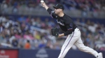 Right-handed pitcher Brett de Geus has claimed off waivers by the Toronto Blue Jays from the Miami Marlins. De Geus delivers a pitch during the eighth inning of a baseball game against the Chicago Cubs, in Miami, Friday, Aug. 23, 2024. THE CANADIAN PRESS/AP-Wilfredo Lee