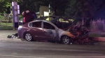 A badly damaged vehicle sits outside Humber River Hospital following a collision Thursday September 13, 2024. 