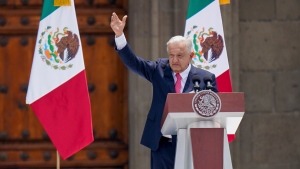 Outgoing President Andres Manuel Lopez Obrador delivers his last State of the Union at the Zocalo, Mexico City's main square, Sunday, Sept. 1, 2024. (AP Photo/Felix Marquez) 