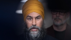 NDP Leader Jagmeet Singh speaks to the media at the party's caucus retreat, Wednesday, Sept. 11, 2024 in Montreal. Singh won't say whether he would keep the consumer carbon price if his party forms government at the next election. THE CANADIAN PRESS/Ryan Remiorz