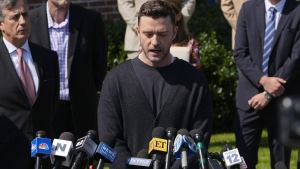 Justin Timberlake speaks to the press after a court hearing, Friday, Sept. 13, 2024, in Sag Harbor, N.Y. (AP Photo/Pamela Smith)