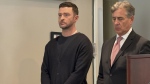 Justin Timberlake, left, appears in court with his attorney Edward Burke, Friday, Sept. 13, 2024, in Sag Harbor, N.Y. (T E McMorrow/Pool Photo via AP )