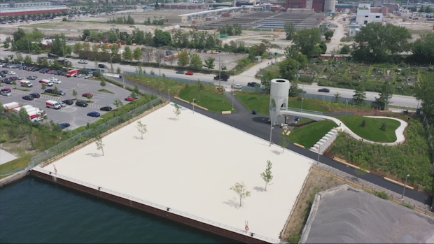 A still from a drone video shows Leslie Lookout Park, Toronto's newest public space in the east end. (CTV News Toronto)