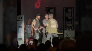 Band members of Jane's Addiction are seen in the aftermath of a fight during their Boston reunion show in this photo taken from video on Friday, Sept. 13, 2024. (Richard Whitaker via Storyful)