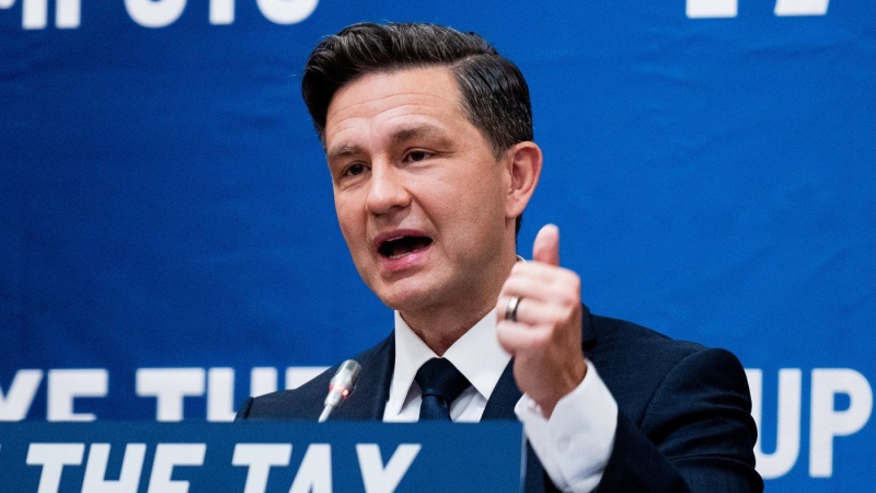 Conservative Leader Pierre Poilievre addresses his caucus on Parliament Hill in Ottawa, on Sunday, Sept. 15, 2024. Parliament is schedule to resume Monday following summer recess. THE CANADIAN PRESS/Spencer Colby