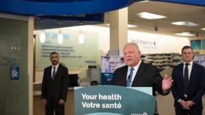 Ontario Premier Doug Ford speaks during a press conference at a Shoppers Drug Mart pharmacy in Etobicoke, Ont., on Jan. 11, 2023. THE CANADIAN PRESS/ Tijana Martin
