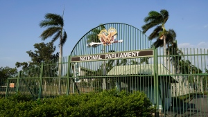 The gates to Parliament House in Port Moresby, Papua New Guinea, Sunday, Sept. 8, 2024. (AP Photo/Mark Baker)