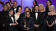 Justin Marks, center, and Hiroyuki Sanada, center right, and the team from "Shogun" accepts the award for outstanding drama series during the 76th Primetime Emmy Awards on Sunday, Sept. 15, 2024, at the Peacock Theater in Los Angeles. (AP Photo/Chris Pizzello)