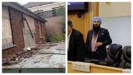 A derelict building that is partially owned by Brampton Coun. Gurpartap Singh Toor is shown on the left. Toor is shown in Brampton council chambers on the right.