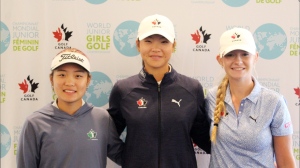 Left to right, Nobelle Park, Shauna Liu and Lindsay McGrath pictured at the World Junior Girls Golf Championships on Monday September 16, 2024. Golf Canada has set an impressive stretch goal of having 30 professional golfers at the highest levels of the sport by 2032. The World Junior Girls Golf Championship is a huge part of that target.THE CANADIAN PRESS/HO Golf Canada