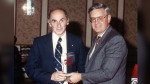 Soccer historian Colin Jose, left, is presented with the Canada Soccer Award of Merit by then-Canada Soccer president Terry Quinn at the 72nd annual general meeting of the Canadian Soccer Association at the Westin Hotel, in Toronto in a Saturday, June 13, 1992, handout photo. THE CANADIAN PRESS/HO-Canada Soccer