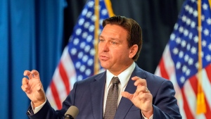 Florida Gov. Ron DeSantis delivers remarks and answers questions at a news conference Monday, Sept. 16, 2024, in Orlando, Fla. (AP Photo/John Raoux)
