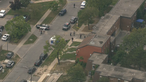 Police are on the scene of a double shooting in North York that left one person dead on Tuesday, Sept. 17, 2024. (Chopper 24)