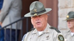 Laurel County Sheriff John Root addresses the media to give an update on the efforts to find the suspect in the shooting at I-75 at the Livingston, Ky., exit at the Laurel County Sheriff's Office in London, Ky., Sept. 9, 2024. (AP Photo/Timothy D. Easley)