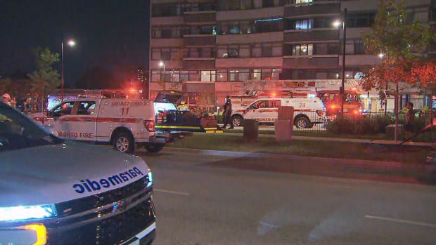 Emergency services are on the scene of an apartment building fire in Scarborough on Tuesday, Sept. 17, 2024. (CP24)