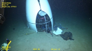 This still from a video released by the U.S. Coast Guard Marine Board of Investigation shows the tail cone of the Titan submersible at the bottom of the Atlantic Ocean on June 22, 2023. (Source: DVIDS via Storyful)