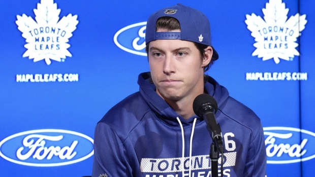 Toronto Maple Leafs forward Mitch Marner speaks to the media during a press conference at the start of the team's training camp in Toronto on Wednesday, September 18, 2024. THE CANADIAN PRESS/Nathan Denette