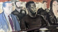 In this courtroom sketch, Sean Combs, center, is flanked by his defense attorney Marc Agnifilo, left, and Teny Garagos, in Manhattan Federal Court, Tuesday, Sept. 17, 2024, in New York. (Elizabeth Williams via AP)