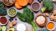 Leafy green vegetables, berries, whole grains, seeds, and a bit of fish and poultry are staples of the MIND diet. (jenifoto/iStockphoto/Getty Images via CNN Newsource)