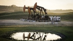 Pumpjacks draw out oil and gas from a well heads as wildfire smoke hangs in the air near Calgary, Alta., on Sunday, May 12, 2024. Oil and gas production hikes and rebounding air travel put a drag on Canada's climate progress last year, but a new report says the country was still able to make a modest cut to its planet-warming emissions. THE CANADIAN PRESS/Jeff McIntosh