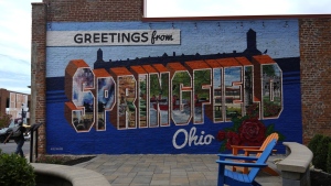 A mural that reads 'Greetings from Springfield Ohio' is seen painted on an alley wall Tuesday, Sept. 17, 2024, in Springfield, Ohio. (AP Photo/Carolyn Kaster)