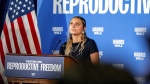 Hadley Duvall joins a rally for U.S. Vice-President Harris in Philadelphia, Sunday, Sept. 15, 2024. (Tom Gralish/The Philadelphia Inquirer via AP)