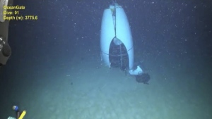 This June 2023 image provided by Pelagic Research Services shows remains of the Titan submersible on the floor of the Atlantic Ocean. (Pelagic Research Services via AP)