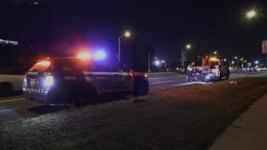 Police are on the scene of a collision between a motorcycle and another vehicle on Thursday, Sept. 19, 2024. (CTV News Toronto)