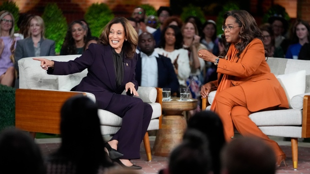 Democratic presidential nominee Vice President Kamala Harris joins Oprah Winfrey at Oprah's Unite for America Live Streaming event Thursday, Sept. 19, 2024 in Farmington Hills, Mich. (Paul Sancya / AP Photo)