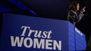 Democratic presidential nominee U.S. Vice-President Kamala Harris speaks during a campaign event, Sept. 20, 2024, in Atlanta. (AP Photo/Brynn Anderson)