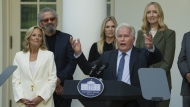 First lady Jill Biden, listens to actor Martin Sheen speaks at an event on the Rose Garden at the White House to mark the 25th anniversary of the television series, The West Wing, Friday, Sept. 20, 2024, in Washington. (AP Photo/Manuel Balce Ceneta)