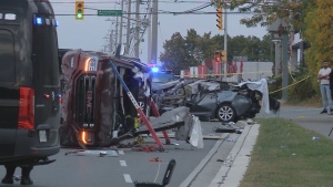 The wreckage of crashed vehicles is pictured following an eight-car pileup at the intersection of Derry Road and Ontario Street South in Milton Friday September 20, 2024. 