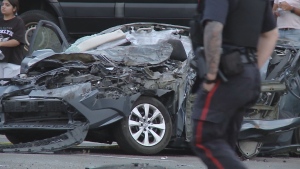 The wreckage of crashed vehicles is pictured following an eight-car pileup at the intersection of Derry Road and Ontario Street South in Milton Friday September 20, 2024. 