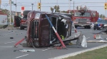 The wreckage of crashed vehicles is pictured following an eight-car pileup at the intersection of Derry Road and Ontario Street South in Milton Friday September 20, 2024. 