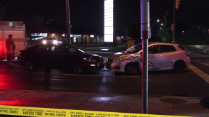 Emergency crews on the scene of a collision in Scarborough that sent two people to hospital on Saturday, Sept. 21, 2024. (Jacob Estrin/CTV News Toronto)