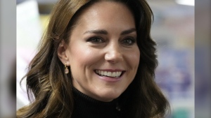 Kate, Princess of Wales smiles as she speaks to a woman during her visit to Sebby's Corner in north London on Nov. 24, 2023. (AP Photo/Frank Augstein, Pool, File)