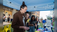 Breanna Stewart, foreground, of the New York Liberty WNBA basketball team, attends an event hosted by NMDP (formerly Be the Match), Saturday, Sept. 21, 2024, in New York. (Calla Kessler/AP Content Services for NMDP)