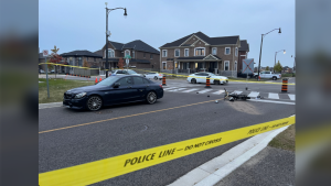 A young person riding a dirt bike has been taken to the hospital with serious injuries following a collision in Brampton on Sept. 22. (Jacob Estrin/CTV News Toronto)