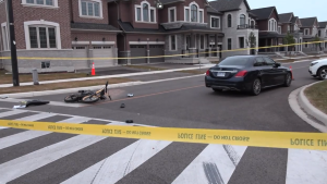 A young person riding a dirt bike has been taken to the hospital with serious injuries following a collision in Brampton on Sept. 22. (Jacob Estrin/CTV News Toronto)