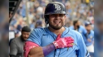 Tampa Bay Rays' Jonathan Aranda reacts after hitting a two-run home run off Toronto Blue Jays reliever Zach Pop during the sixth inning of a baseball game Sunday, Sept. 22, 2024, in St. Petersburg, Fla. (AP Photo/Steve Nesius)