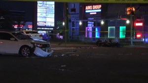 A driver and a motorcyclist are receiving treatment at the hospital after colliding on Sept. 22 in north Etobicoke. (Jacob Estrin/CTV News Toronto)