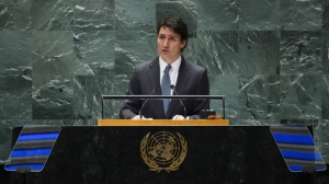 Prime Minister Justin Trudeau delivers a speech during a plenary at the Summit of the Future at the United Nations headquarters in New York on Sunday, Sept. 22, 2024. THE CANADIAN PRESS/Sean Kilpatrick